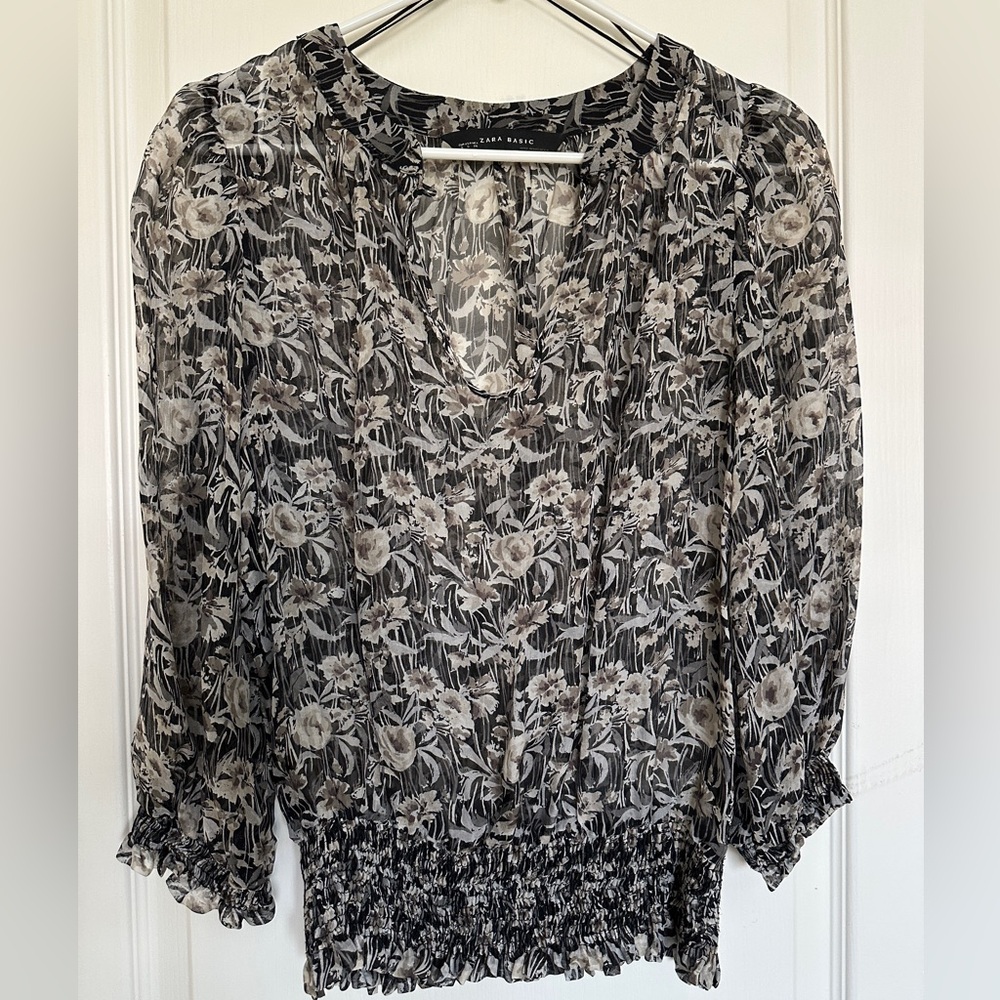 Zara Black and Cream Floral Blouse - Size S